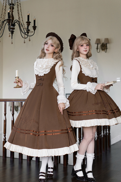 ツインフリルドールジャンパースカート+トップス+リボン+ハット