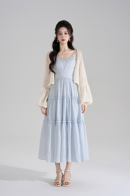 Romantic French Long Dress + Short Cardigan