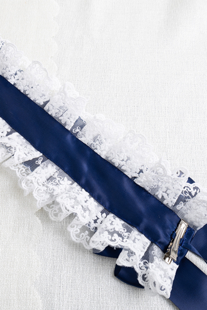 ネイビーブルーロリータボンネット+ヘアバンド+ハットクリップ+リボンクリップ