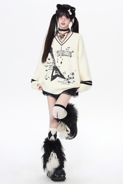 クールロックスタイルギターVネックルーズロングスリーブニット