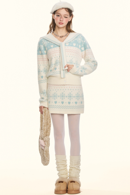 Snowflake sailor collar knit + tight skirt