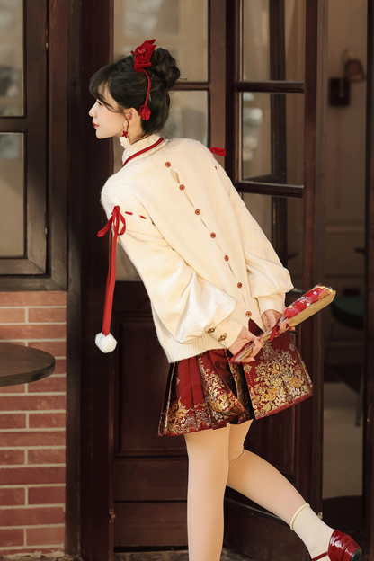 チャイナスノーニットベスト+シャツ+スカート