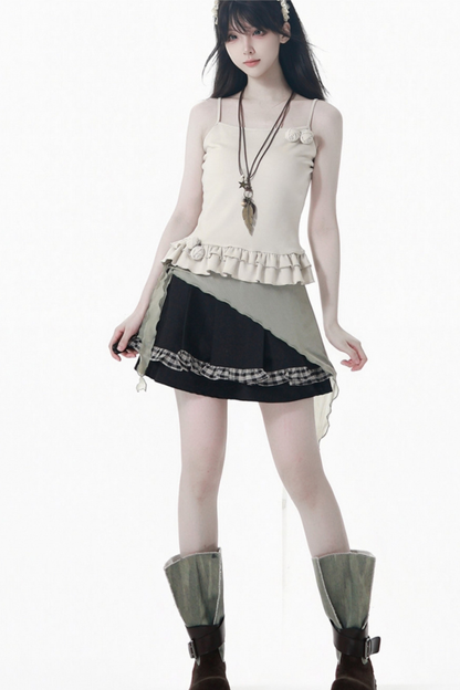 Check Ribbon Camisole Two Piece Jacket + Cape Coat + Skirt