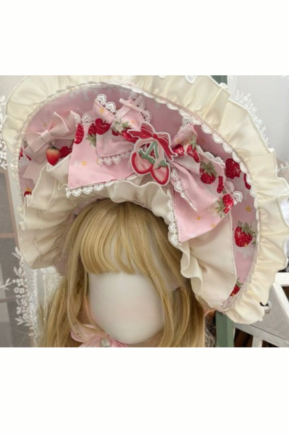 ストロベリーロリータジャンパースカート+ラビットヘアスカーフ+ビッグリボン+トップス+ハット+ボンネット