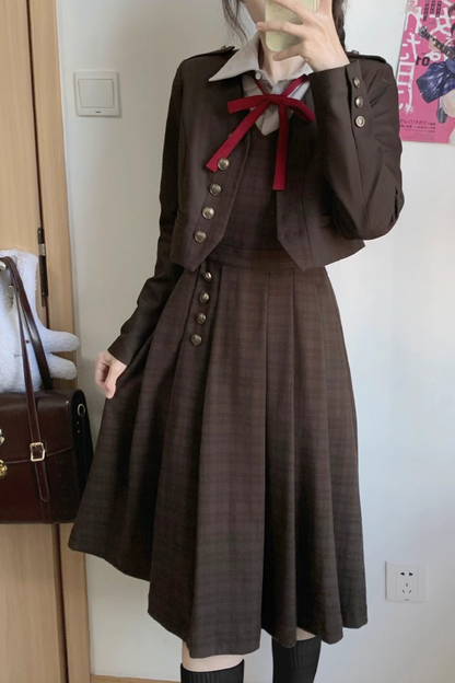 Retro College Jacket + Shirt + Skirt + Badge + Tie