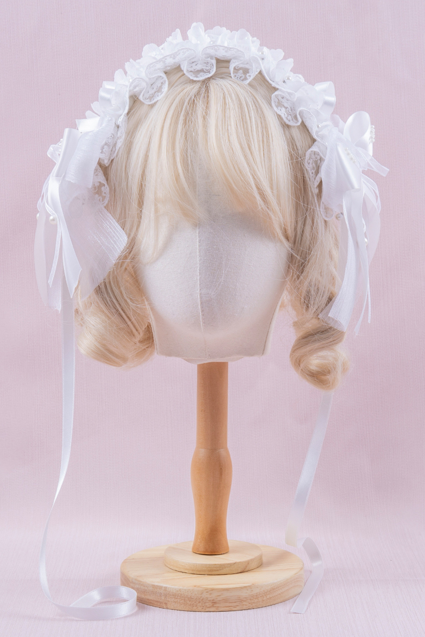 ホワイトレースブライダルスタイルボンネット+ヘアバンド+クリップ+スリーブ