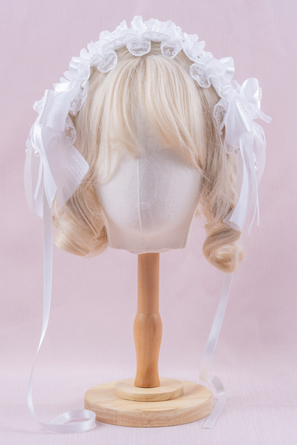 ホワイトレースブライダルスタイルボンネット+ヘアバンド+クリップ+スリーブ