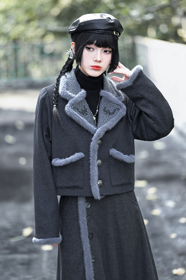 Retro mode fur short jacket + skirt