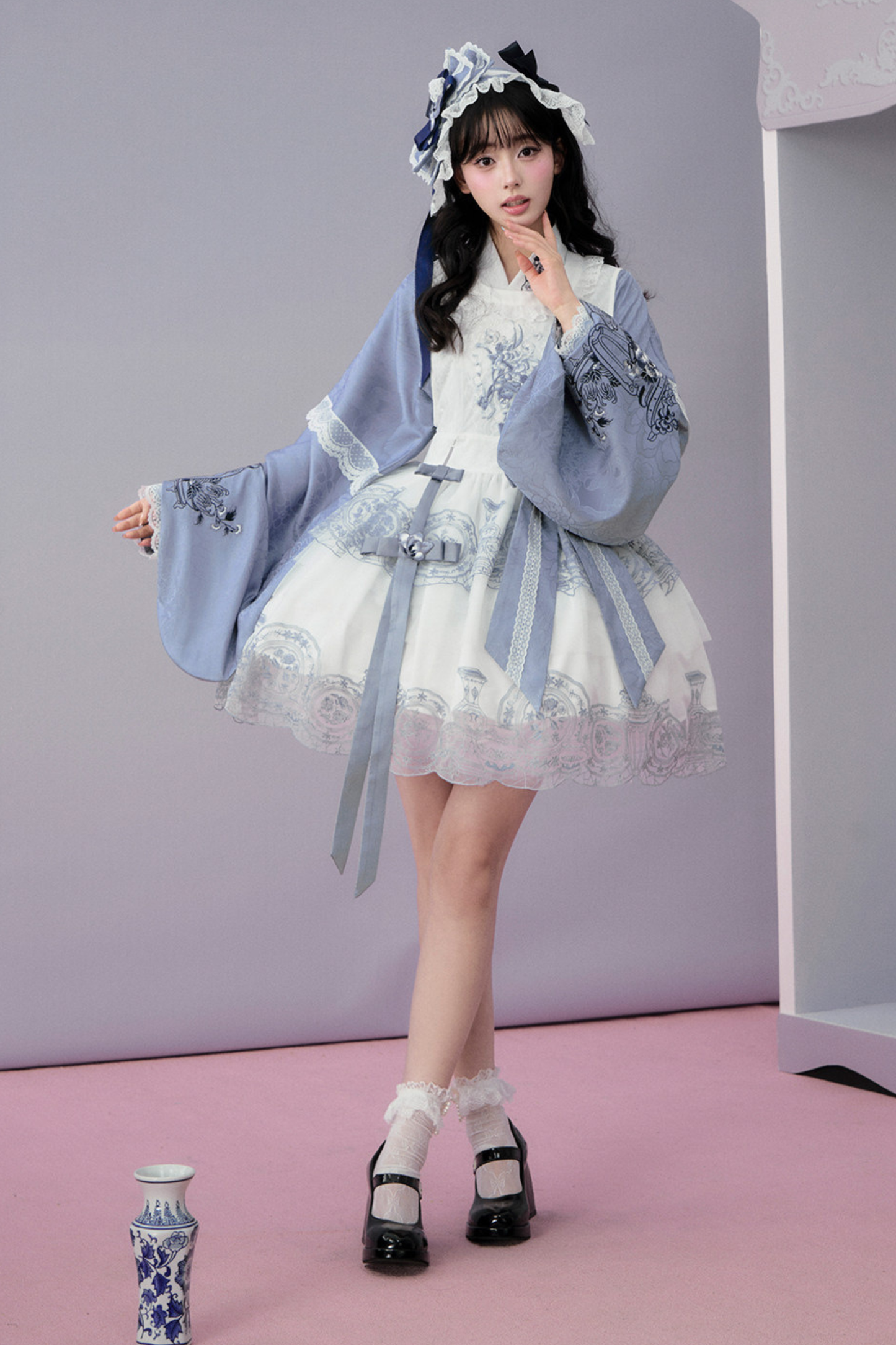 귀여운 차이나 재킷 + 스커트 + 오버스커트 + 리본 + 브로치 + 헤어밴드