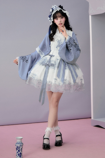 귀여운 차이나 재킷 + 스커트 + 오버스커트 + 리본 + 브로치 + 헤어밴드