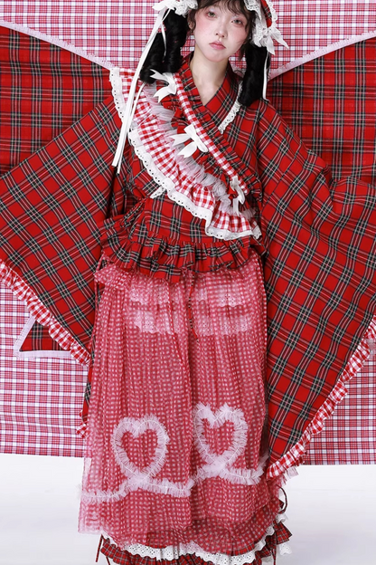 Retro Heart Mesh Plaid Skirt