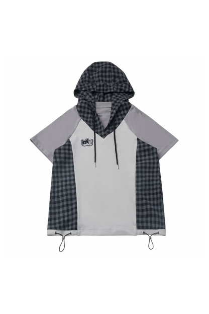 チェックショートトップス+チェックパンツ+フードトップス