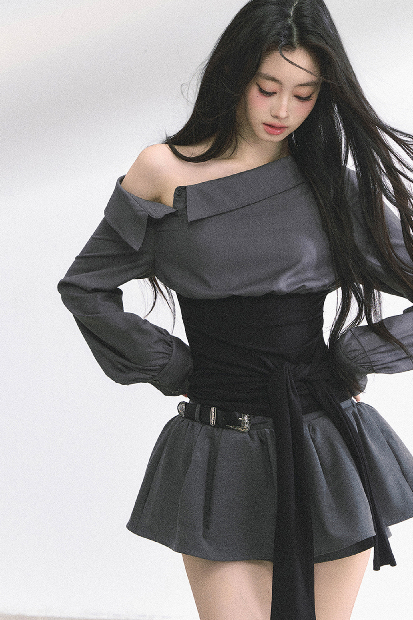 ウエストバンド付きワンショルダーシャツ