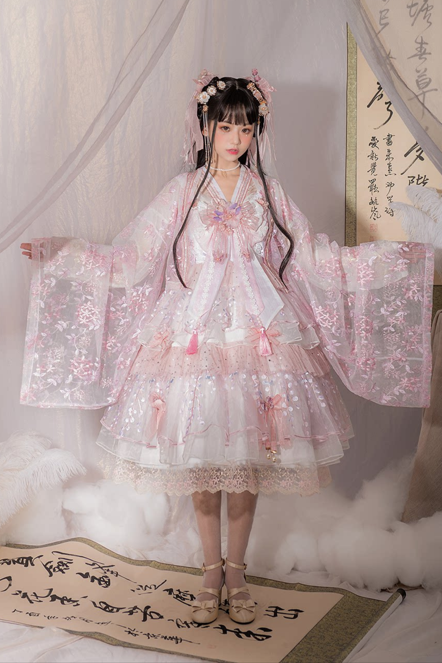 사쿠라 스위트 차이나 로리타 셔츠 + 목걸이 + 리본 + 베일 + 클립