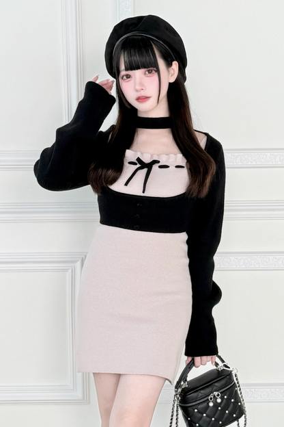 ショートニットカーディガン+タイトドレス