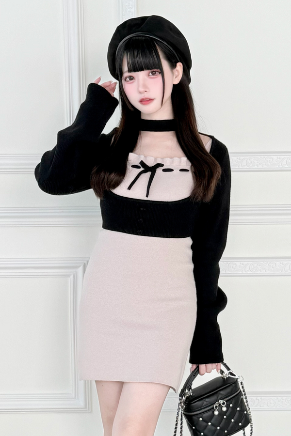 ショートニットカーディガン+タイトドレス