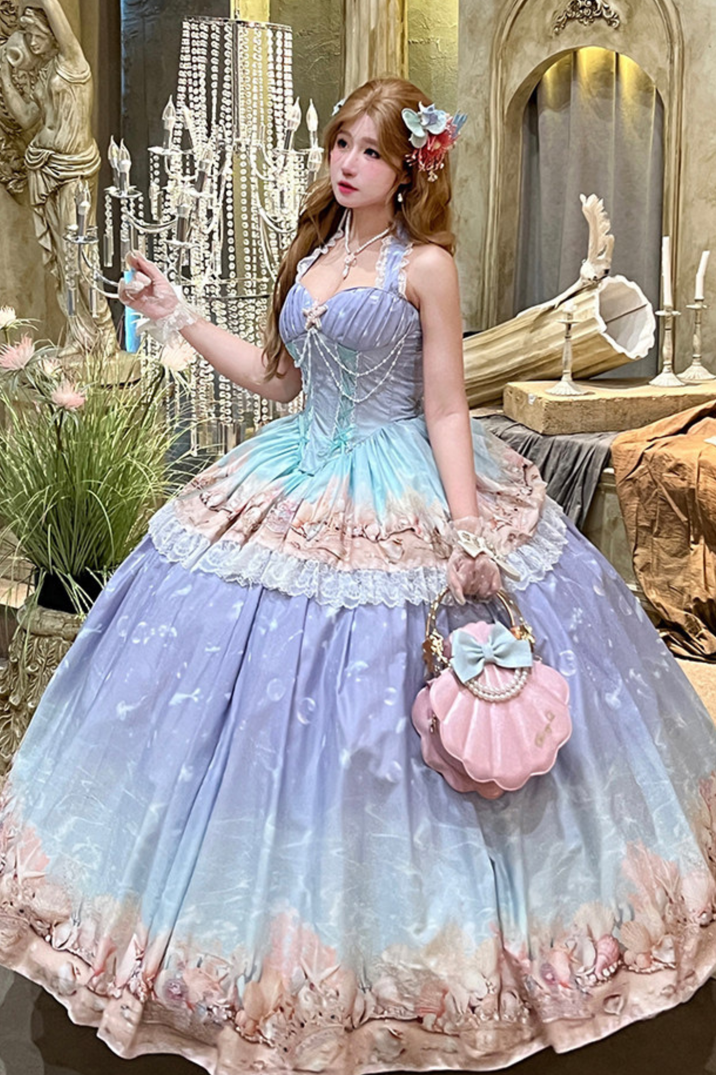 グラデーションバブルハルターネックフレンチドレス+スカート