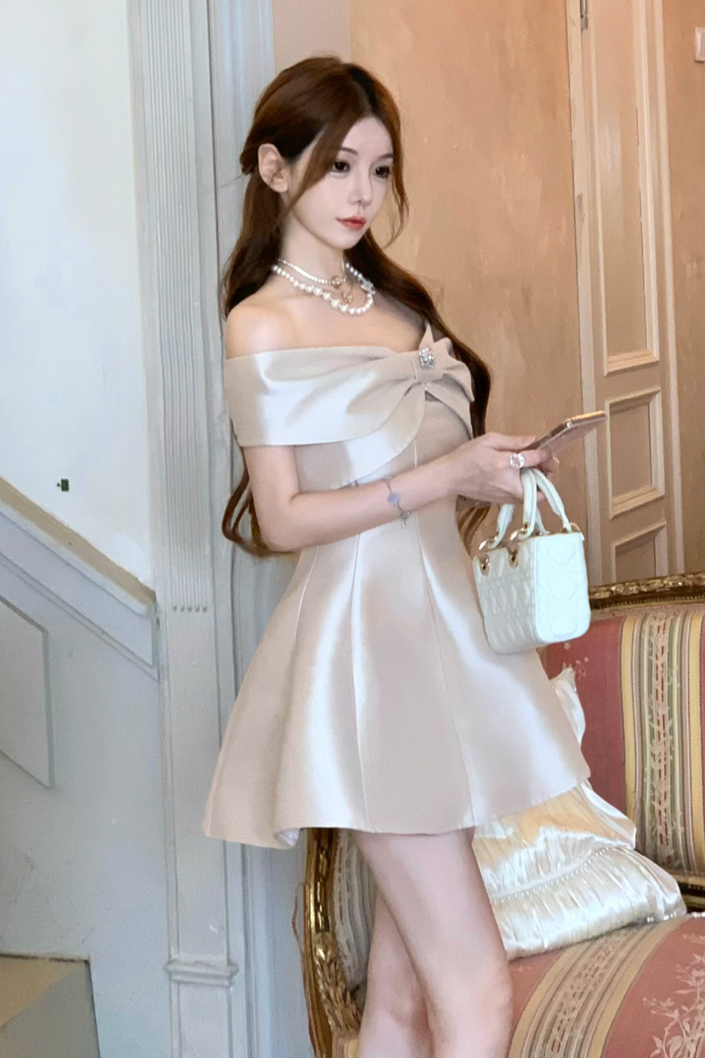 オフショルダーリボンショートフレアドレス＋ロングフレアドレス