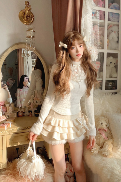 [Reservations] Lace Ribbon Faux Two-piece Knit