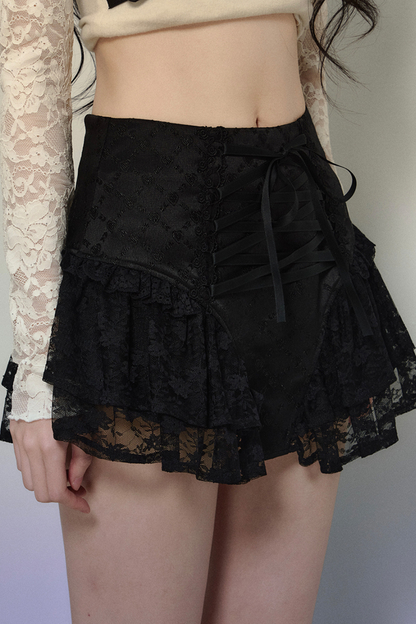 [Reservations] Lace-up Lace Slim Puff Skirt