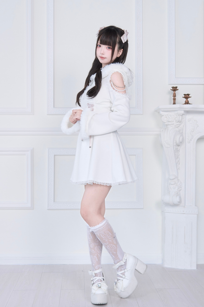 Lace-up Off-the-shoulder Fur Hooded Dress