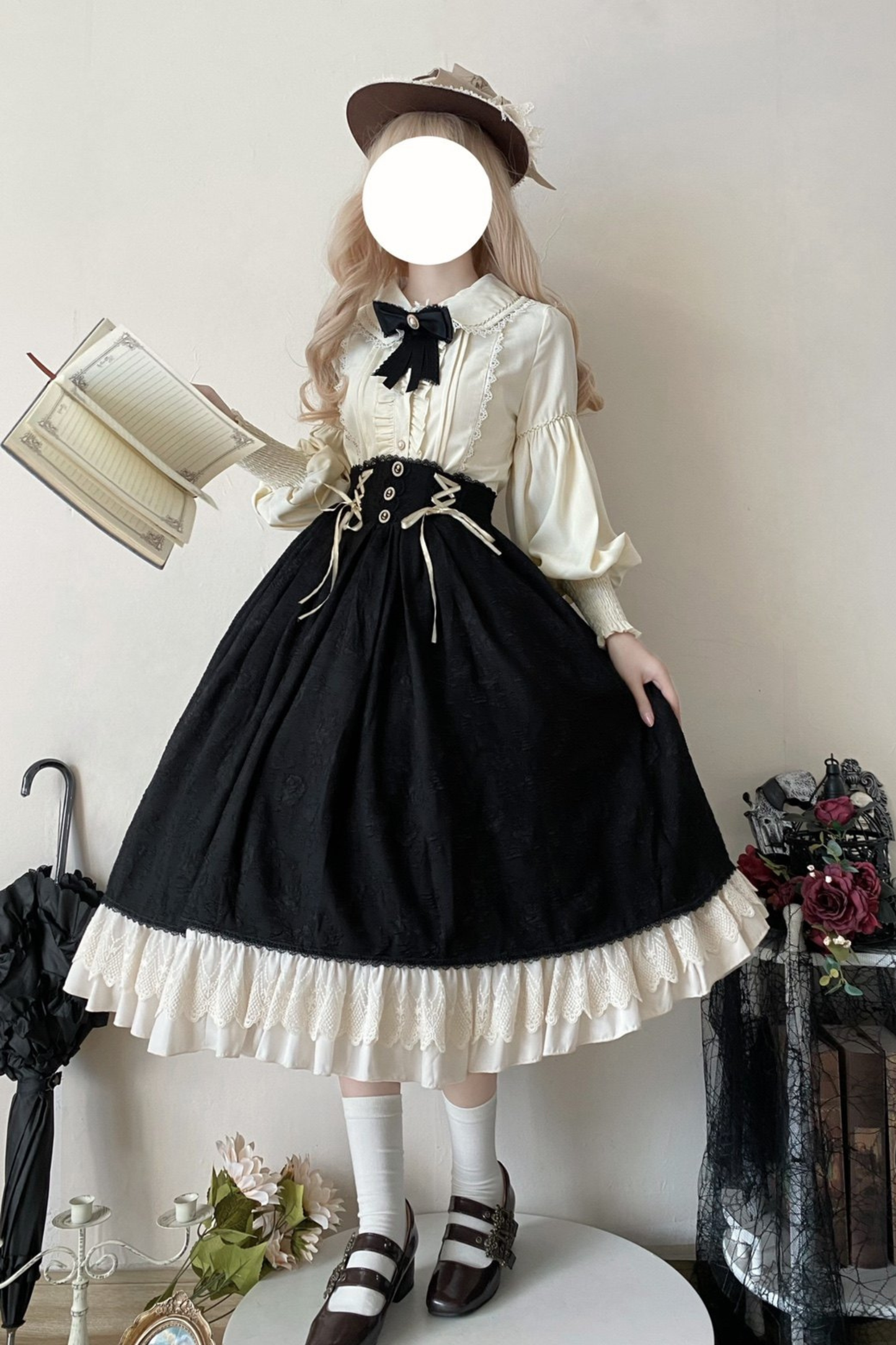 Retro Chic Lolita Shirt + Lace-up High Waist Lolita Skirt