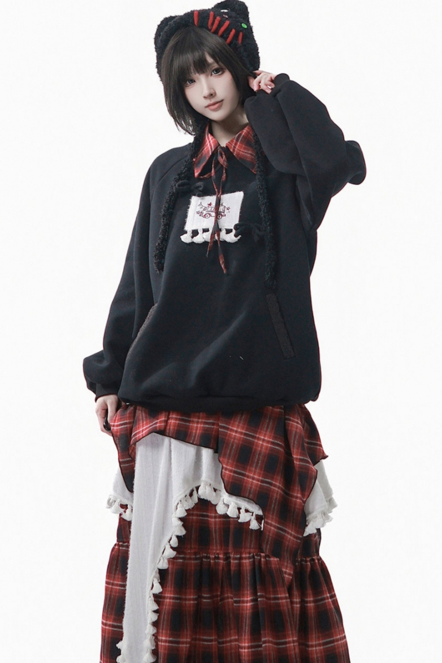 ルーズフリーススウェット+チェックスカート