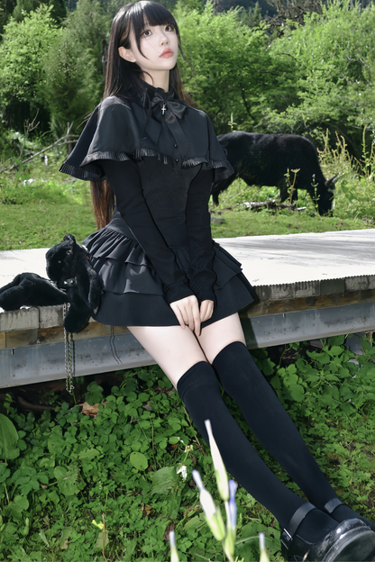 Ruffled Cape Design Low Rise Lace Dress