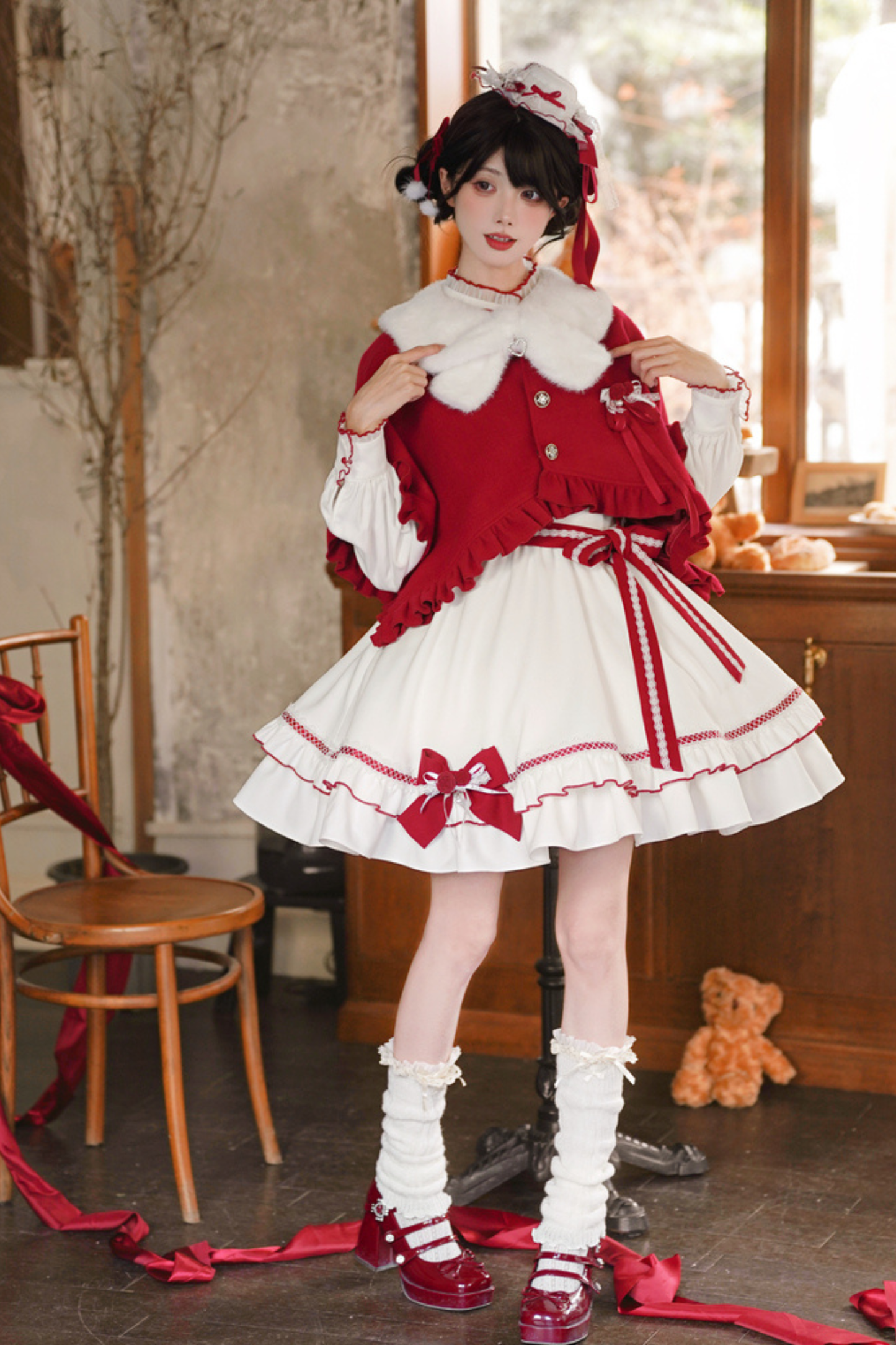 レッドウィッシュリボンドレス+ケープ