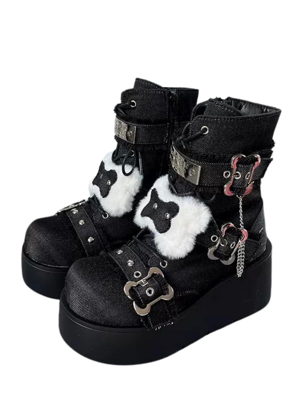 スモールボーンデニムラウンドトゥプラットフォームショートブーツ