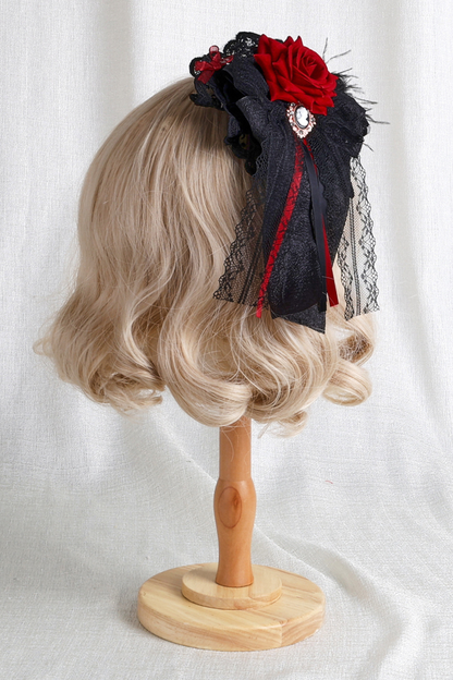 Dark Frilled Lolita Hairband + Flat Hat + Hat Clip + Ribbon Clip + Sleeve