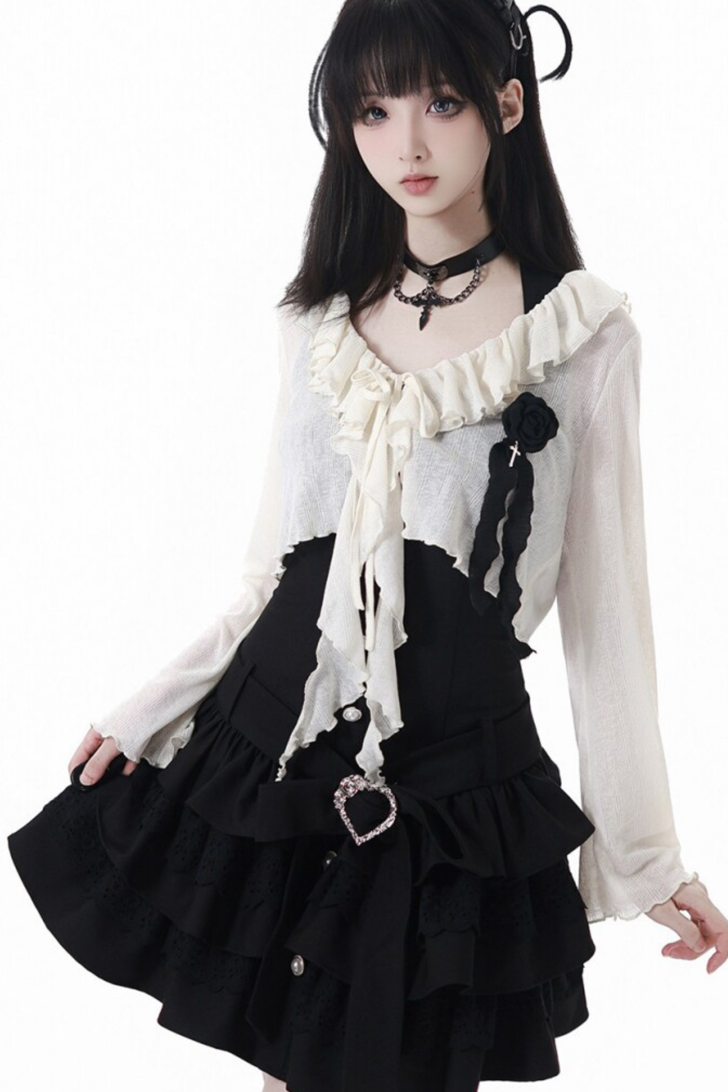 Cardigan en dentelle florale rose + robe + corsage