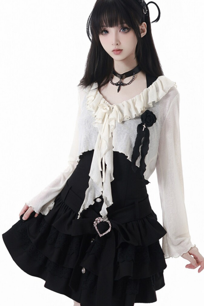 Cardigan en dentelle florale rose + robe + corsage