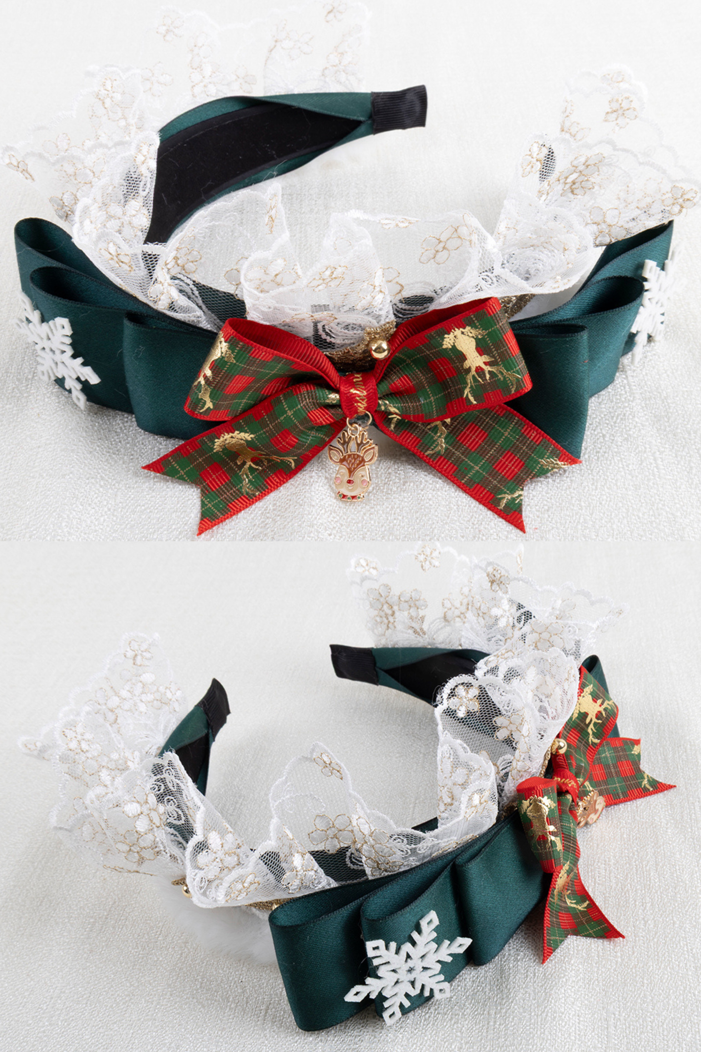 クリスマスチェックヘアーオーナメントリボンクリップ+ハットクリップ+ヘアバンド