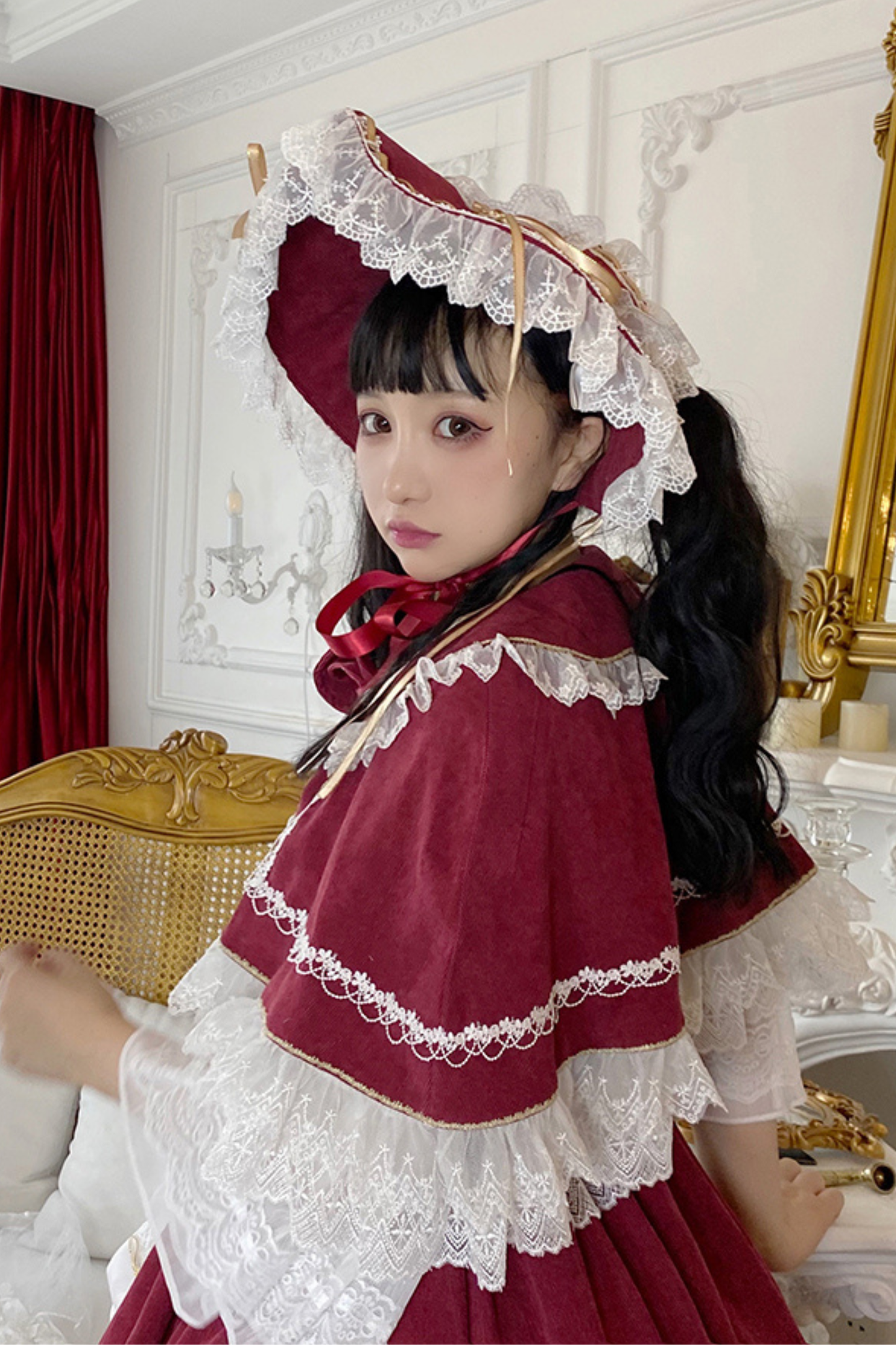 ゴシックドールレースジャンパースカート+ベイビーキャップ+ヘアバンド+ショール