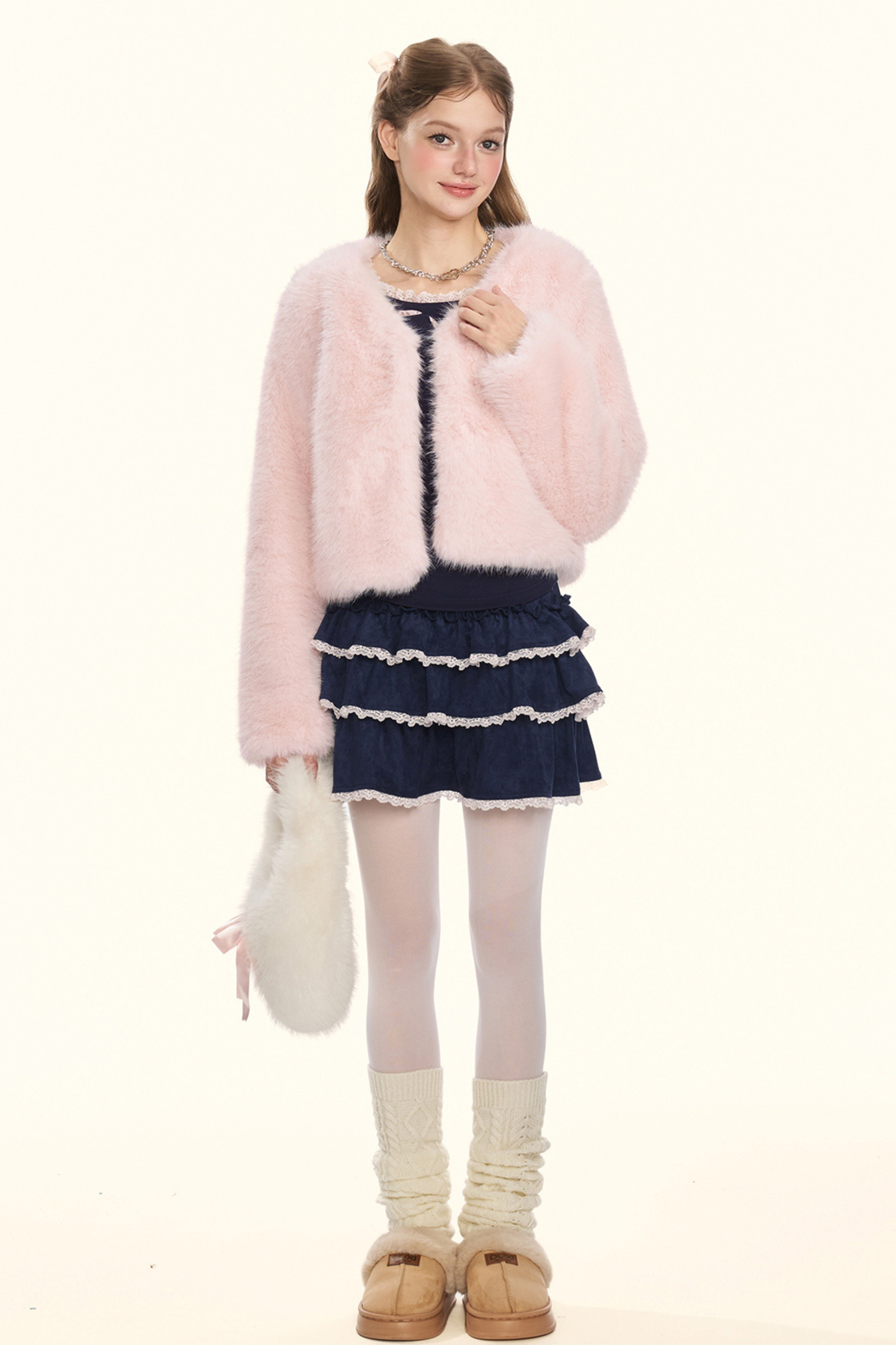 Sweet fur short coat + ribbon scarf