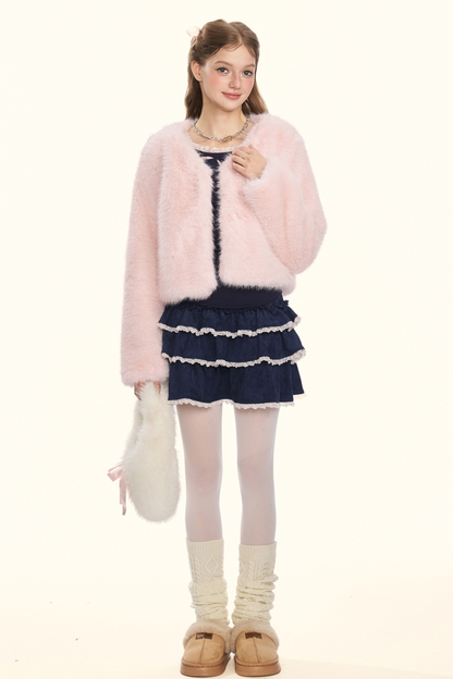 Sweet fur short coat + ribbon scarf