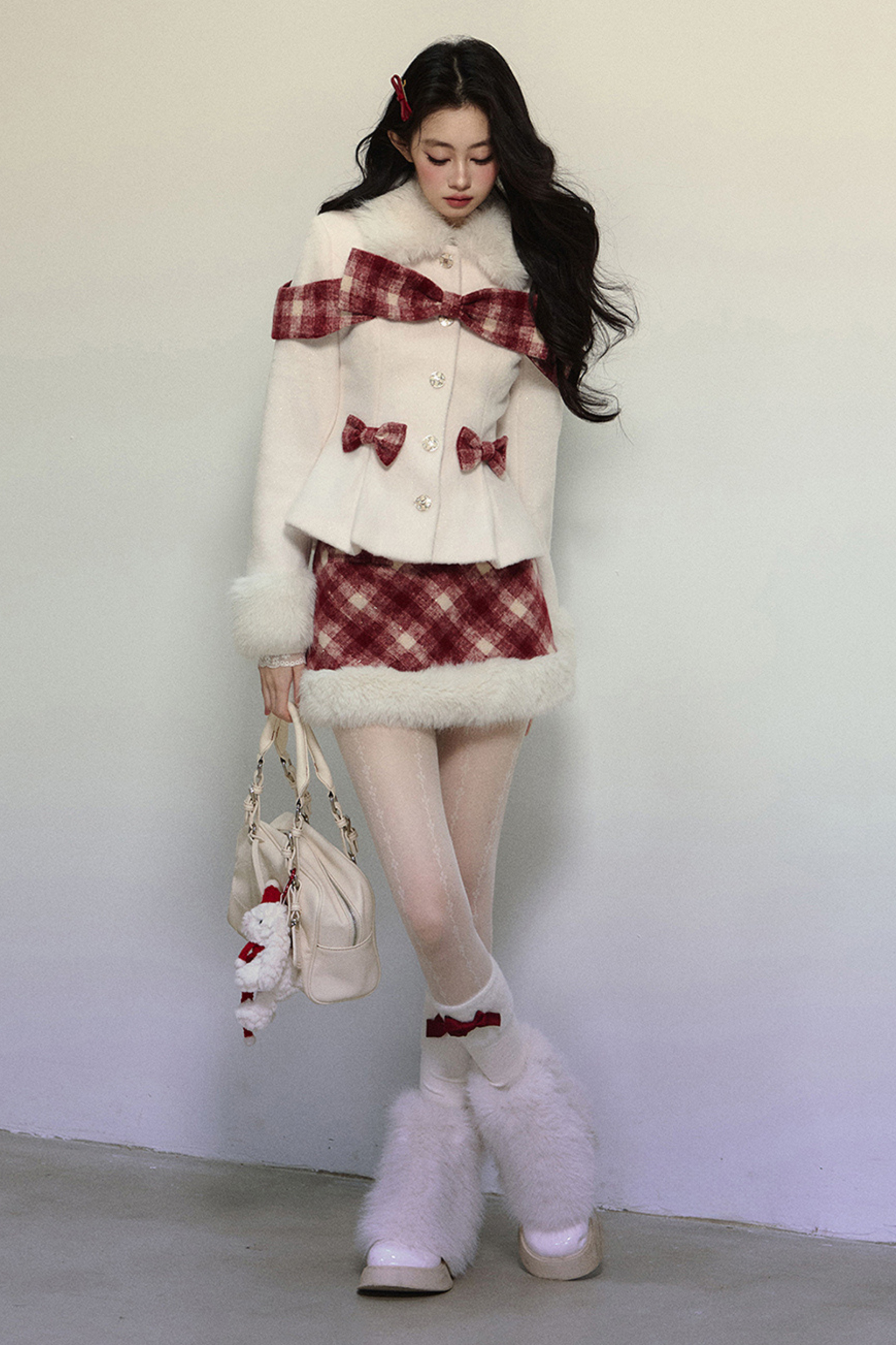 Check Ribbon Coat + Fur Check Skirt