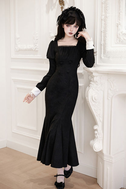 シックマーメイドドレス+レースアップショートドレス+マントコート+カラー+リボンブローチ