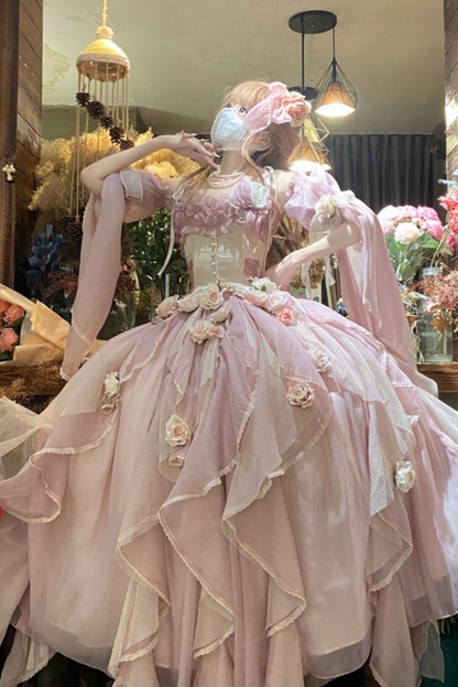 Blue Pink Fishbone Corset Wedding Dress