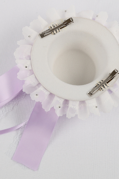 パープルブライダルリボンフラワーボンネット+ハットクリップ+ヘアバンド+リボンクリップ+スリーブ