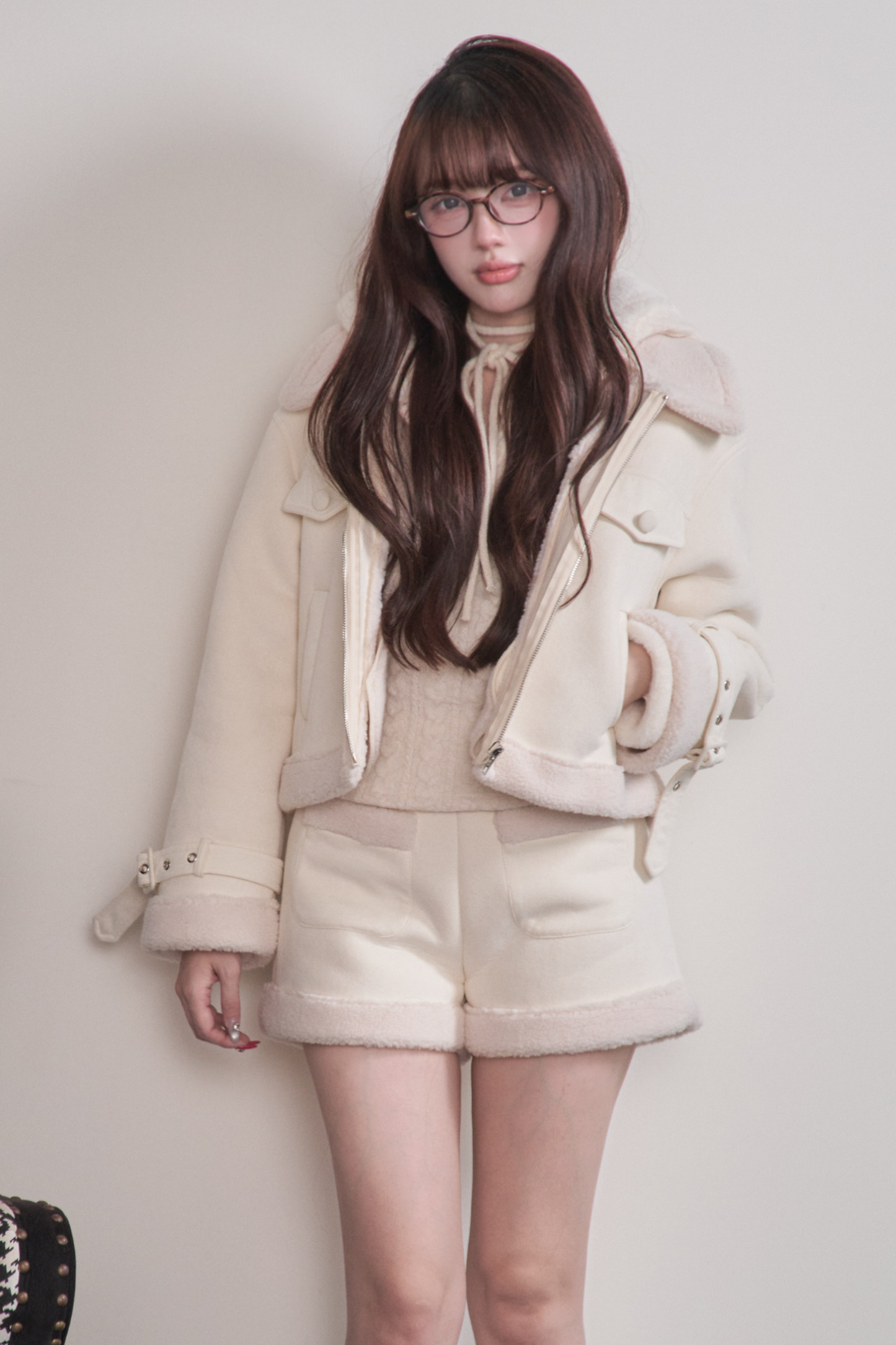 ファーショートコート+ショートパンツ