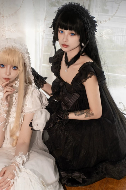 【6月4日予約締切】ホワイト/ブラックゴシックドールレースパールリボンティアードドレス