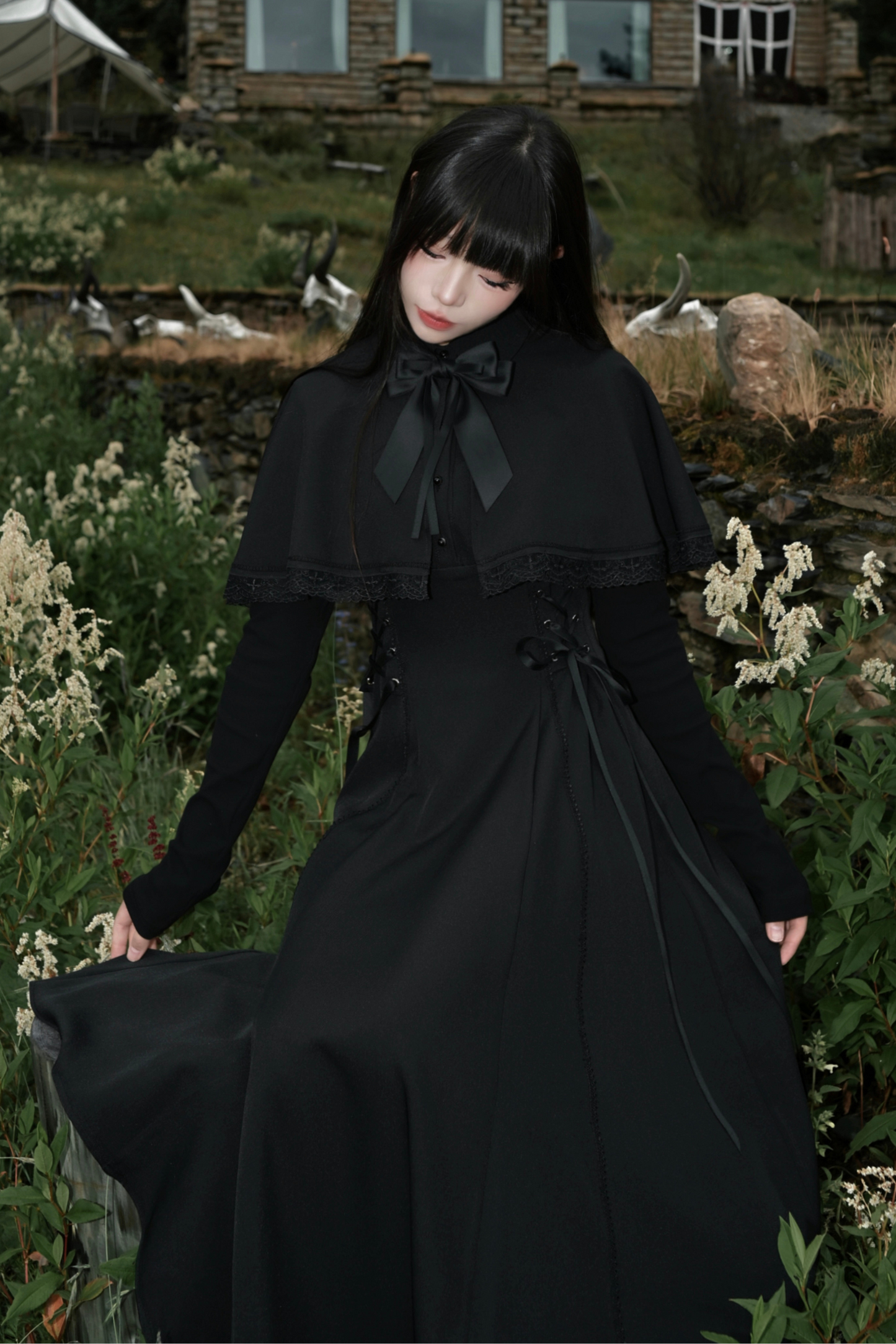 French cape dark dress