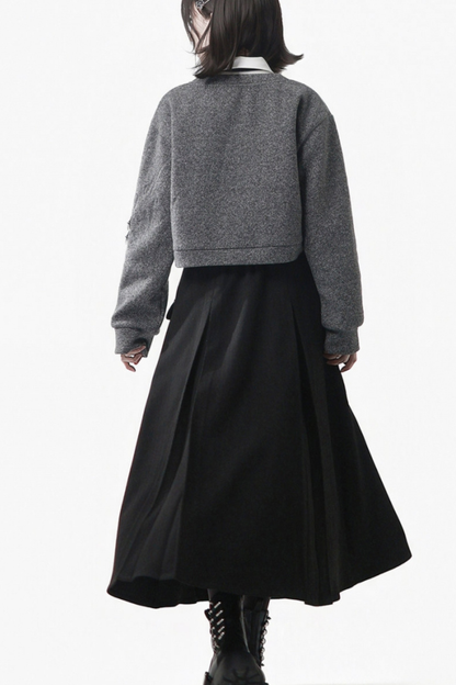 グレーウィンタープレッピーカレッジロングトップス+ショートトップス+スカート+パンツ+シャツ