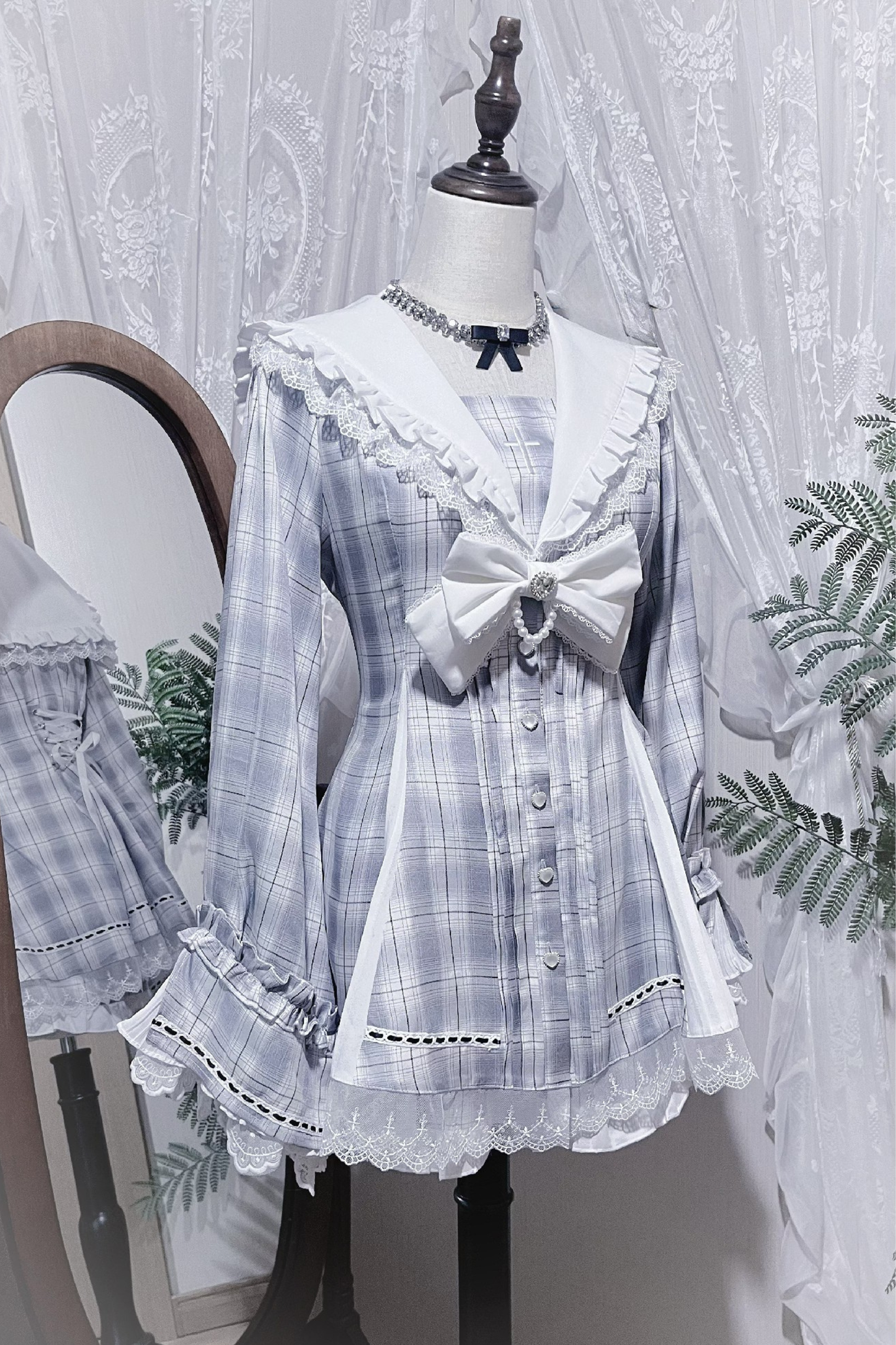 【12月24日予約締切】ゴシックセーラーカラーレースリボンチェックドレスセットアップ