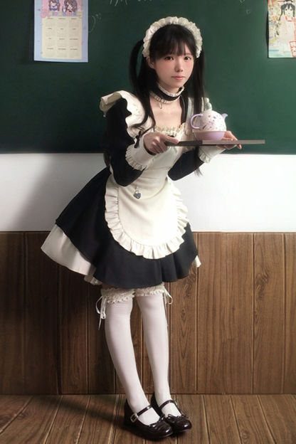 ツインフリルメイドロリータドレス+エプロン+チョーカー+ヘッドバンド+リボン+レッグカバー