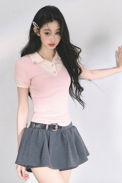 フレンチシャツタイトガーリートップス