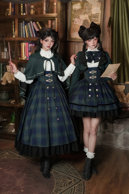 レトロカレッジスタイルチェックロリータスカート＋ジャケット＋マント＋ブラウス＋リボン＋ネックレス