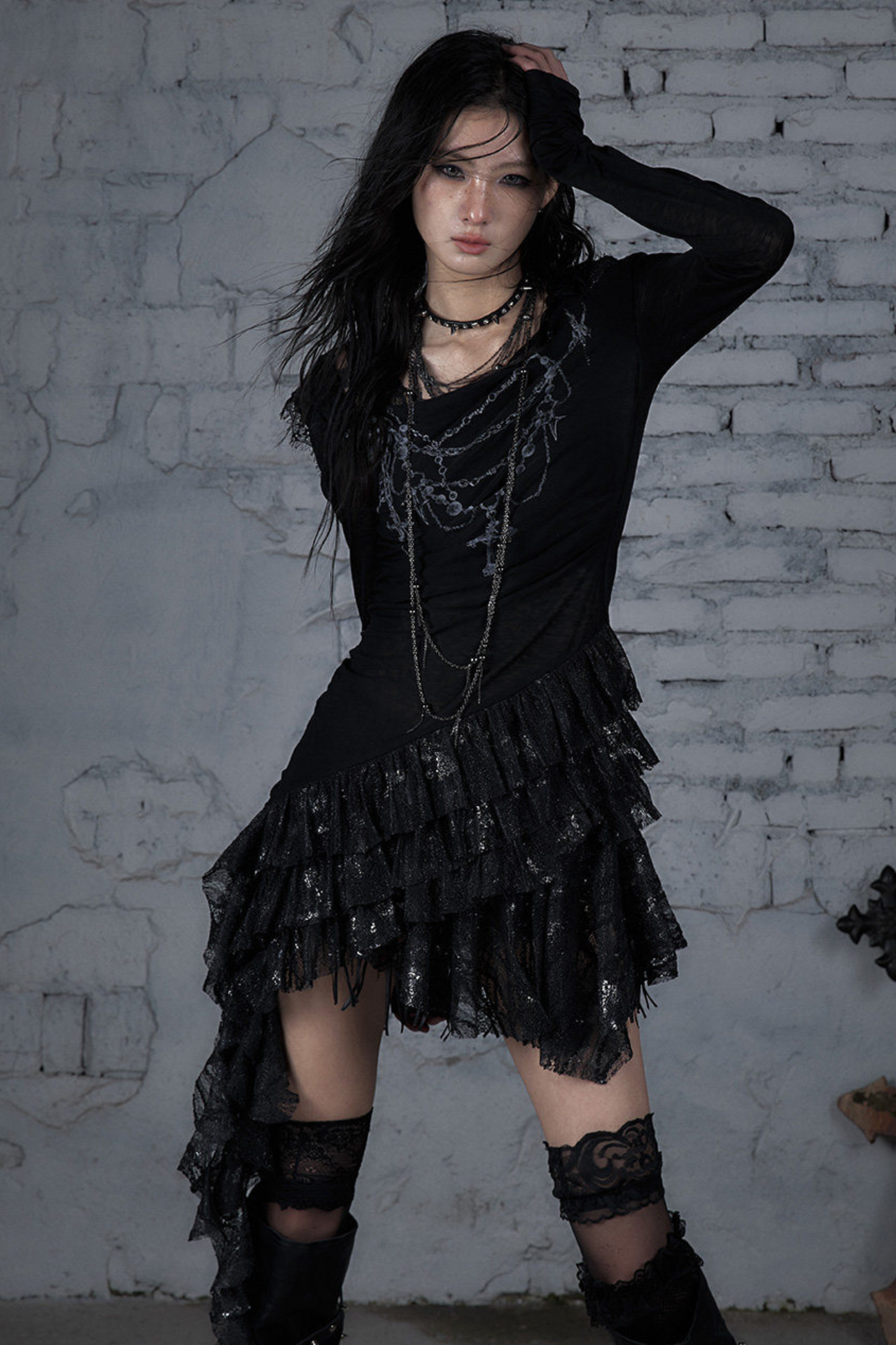 Punk-Spitzen-Kapuzen-Asymmetrie-Kleid